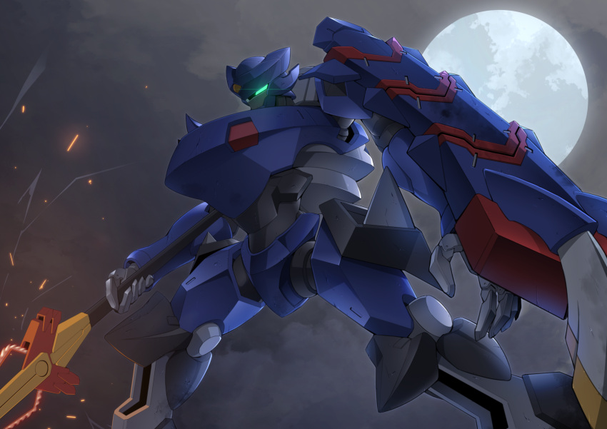 code_geass code_geass:_lost_stories gamiani_zero glowing glowing_eye green_eyes highres holding holding_polearm holding_weapon knightmare_frame lance mecha moon no_humans open_hand polearm robot science_fiction solo sougetsu_(code_geass) weapon