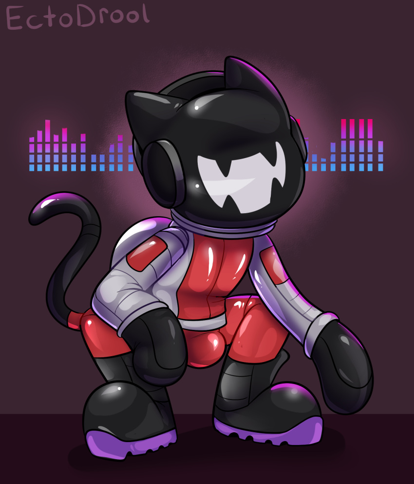 2022 anthro biped black_body boots bulge clothed clothing digital_drawing_(artwork) digital_media_(artwork) domestic_cat drone ectodrool eyeless felid feline felis footwear glistening headphones hi_res long_tail male mammal monstercat monstercat_media rindeadsong rubber rubber_boots simple_background solo