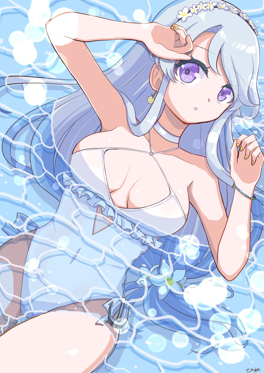 1girl asymmetrical_bangs bangs casual_one-piece_swimsuit covered_navel cowboy_shot flower frilled_swimsuit frills grey_hair hair_flower hair_ornament hairband highleg highleg_swimsuit highres kantai_collection long_hair looking_at_viewer lying official_alternate_costume one-piece_swimsuit partially_submerged pista_land purple_eyes sagiri_(kancolle) side-tie_swimsuit solo swept_bangs swimsuit water white_swimsuit