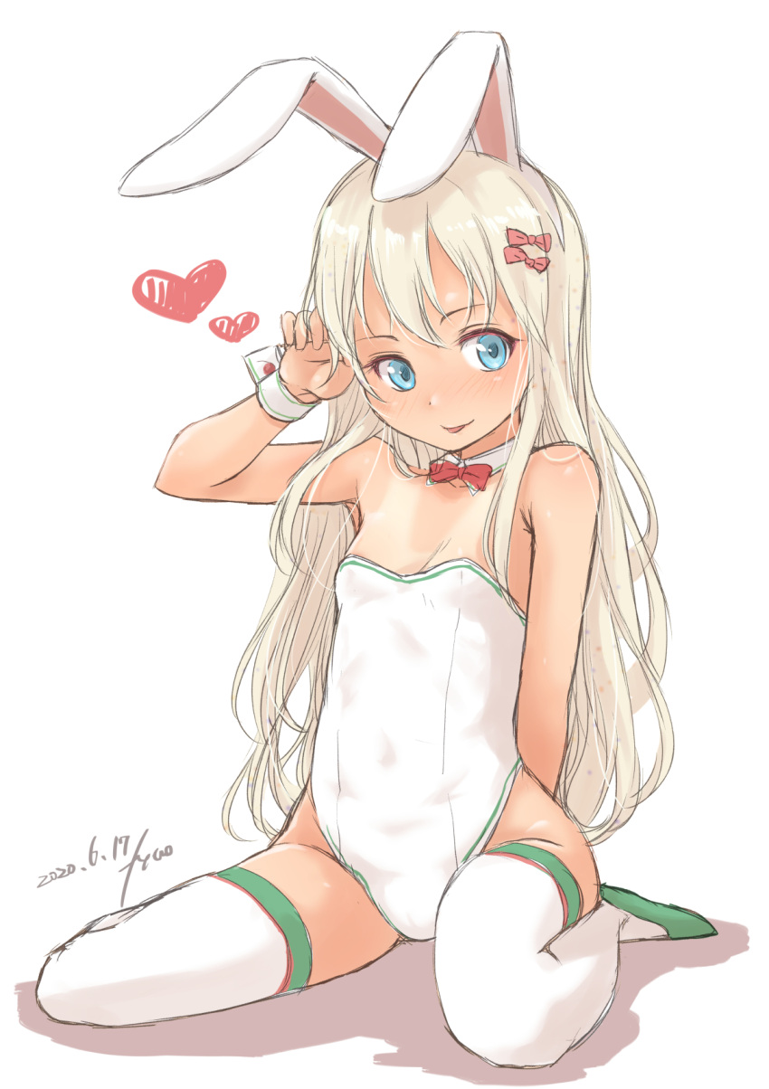 1girl animal_ears aqua_eyes bad_anatomy bad_leg blonde_hair blush bow dated detached_collar fake_animal_ears fyuo grecale_(kancolle) hair_bow highres kantai_collection leotard long_hair one-hour_drawing_challenge one-piece_tan pink_bow playboy_bunny rabbit_ears signature simple_background solo strapless strapless_leotard tan tanlines white_background white_leotard wrist_cuffs