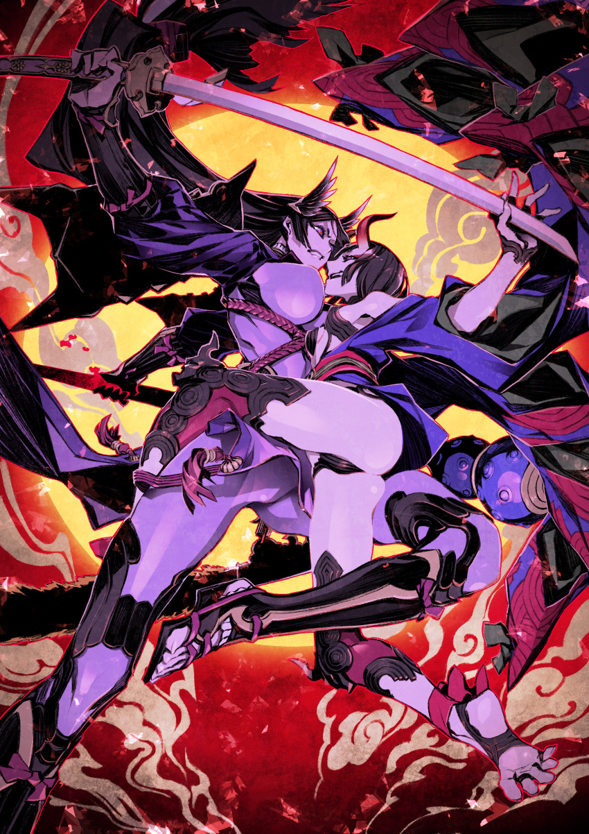 2girls absurdres ankle_ribbon armor ass bangs bare_shoulders barefoot_sandals battle black_gloves bob_cut bodysuit breasts bridal_gauntlets cloud duel eyeliner fate/grand_order fate_(series) fighting gloves gourd highres holding holding_weapon horns japanese_armor japanese_clothes katana kimono kote large_breasts leg_ribbon loincloth long_hair low-tied_long_hair makeup minamoto_no_raikou_(fate) miwa_shirow multicolored_background multiple_girls obi oni oni_horns open_clothes open_kimono open_mouth parted_bangs purple_bodysuit purple_eyes purple_hair purple_kimono revealing_clothes ribbed_sleeves ribbon rope sandals sash shin_guards short_hair shuten_douji_(fate) skin-covered_horns smile sun sword thighs very_long_hair weapon wide_sleeves winged_hair_ornament
