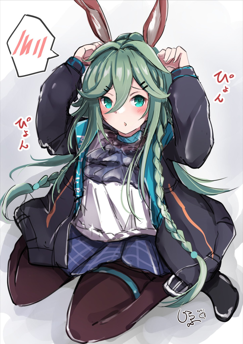 1girl amiya_(arknights) amiya_(arknights)_(cosplay) animal_ears arknights ascot black_jacket blue_ascot blue_collar blue_eyes blue_skirt braid brown_pantyhose coat collar cosplay frilled_ascot frills giraffe_(ilconte) green_hair hair_flaps hair_ornament hairclip highres hood hooded_coat hooded_jacket jacket jewelry kantai_collection looking_at_viewer multiple_rings open_clothes open_jacket overcoat pantyhose pleated_skirt rabbit_ears rabbit_girl ring shirt shoes side_braids sitting skirt thumb_ring twin_braids wariza white_shirt yamakaze_(kancolle) yamakaze_kai_ni_(kancolle) yamato_(kancolle)