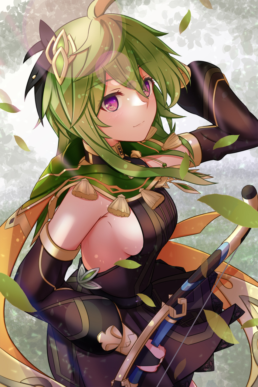 1girl arm_up bow_(weapon) breasts brown_dress capelet closed_mouth collei_(genshin_impact) commentary_request detached_sleeves dress genshin_impact green_capelet green_hair hair_ornament highres holding holding_bow_(weapon) holding_weapon long_sleeves looking_at_viewer medium_breasts medium_hair nyabe puffy_long_sleeves puffy_sleeves purple_eyes short_dress sideboob smile solo weapon