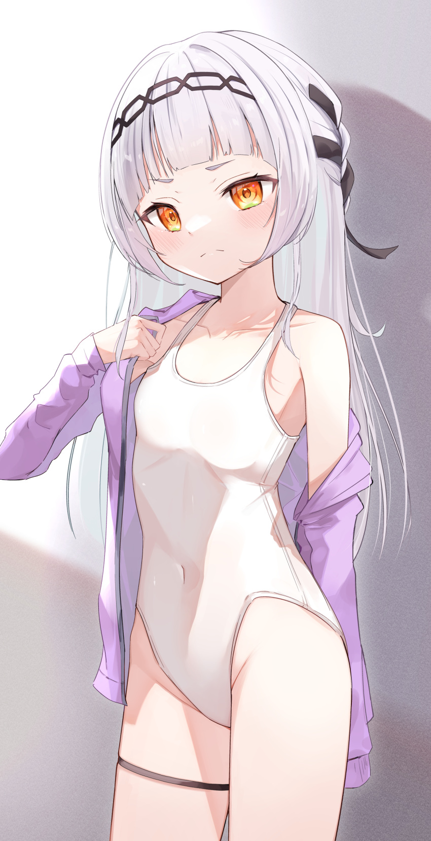 1girl absurdres blush covered_navel flat_chest frown hairband highres hololive jacket long_hair looking_at_viewer murasaki_shion off_shoulder one-piece_swimsuit orange_eyes oudon_(udonnaiyo) solo swimsuit thigh_strap virtual_youtuber white_hair white_swimsuit