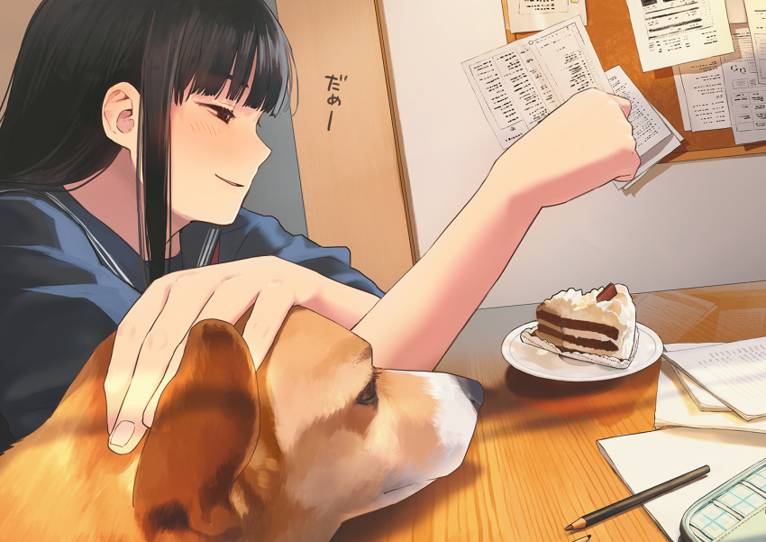 1girl bangs black_eyes black_hair blunt_bangs bulletin_board dog food fork indoors long_hair morifumi open_door original pencil petting reflection school_uniform serafuku sidelocks sitting strawberry_shortcake table