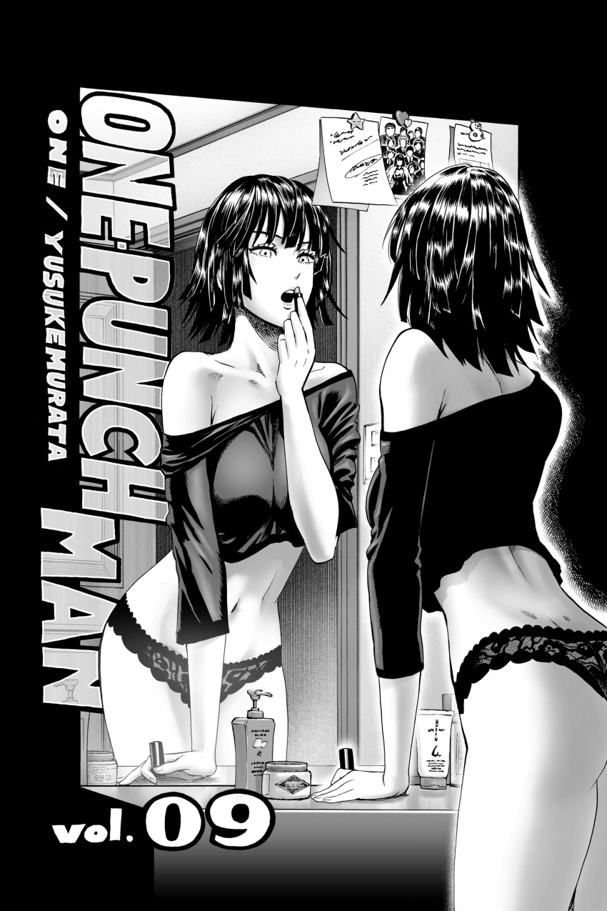 1girl applying_makeup artist_name ass bare_shoulders copyright_name cosmetics fubuki_(one-punch_man) greyscale highres lace lace_panties lipstick lipstick_tube makeup mirror monochrome murata_yuusuke navel no_pants non-web_source off_shoulder official_art one-punch_man open_mouth panties photo_(object) reflection short_hair solo underwear