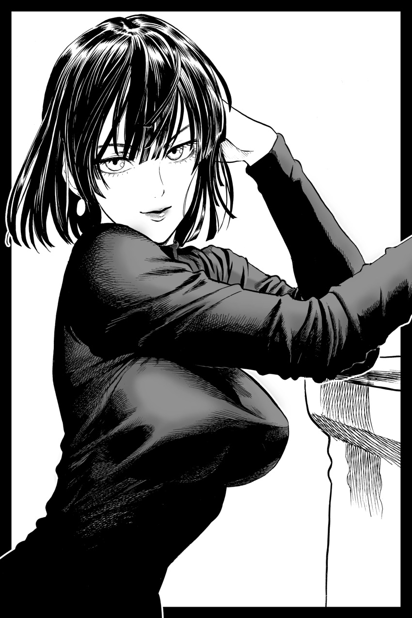 1girl bangs blunt_ends breasts closed_mouth dress earrings eyelashes fubuki_(one-punch_man) greyscale hair_between_eyes hand_on_own_head highres jewelry large_breasts long_sleeves looking_at_viewer monochrome multicolored_hair murata_yuusuke non-web_source official_art one-punch_man pillar smile solo streaked_hair