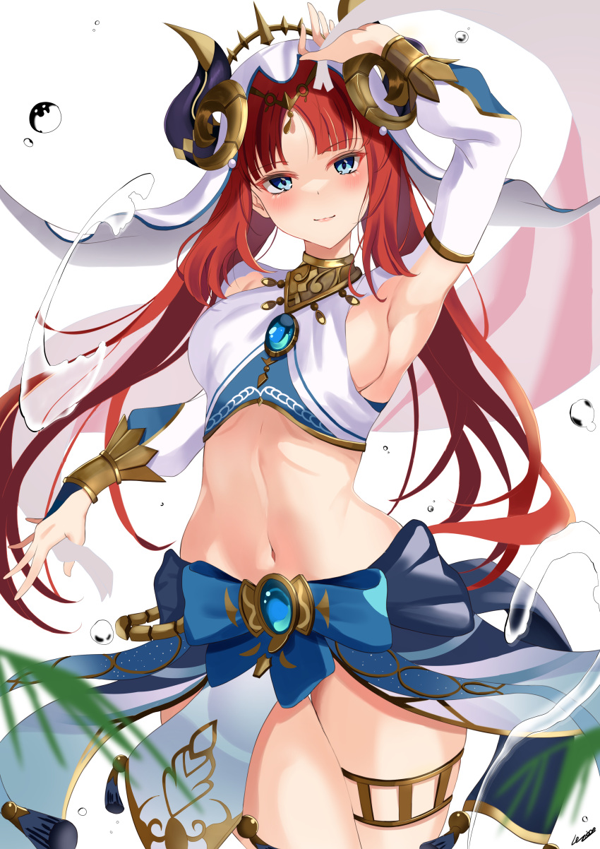 1girl absurdres arm_up armpits bangs blue_eyes blue_gemstone blue_skirt blurry blurry_foreground breasts closed_mouth cowboy_shot crop_top dancer detached_sleeves forehead_jewel gem genshin_impact harem_outfit highres holding horns lolipop_(nmaf4445) long_hair long_sleeves medium_breasts navel nilou_(genshin_impact) parted_bangs red_hair shirt sideboob signature skirt smile solo stomach thighlet thighs vambraces veil vision_(genshin_impact) water_drop white_headdress white_shirt