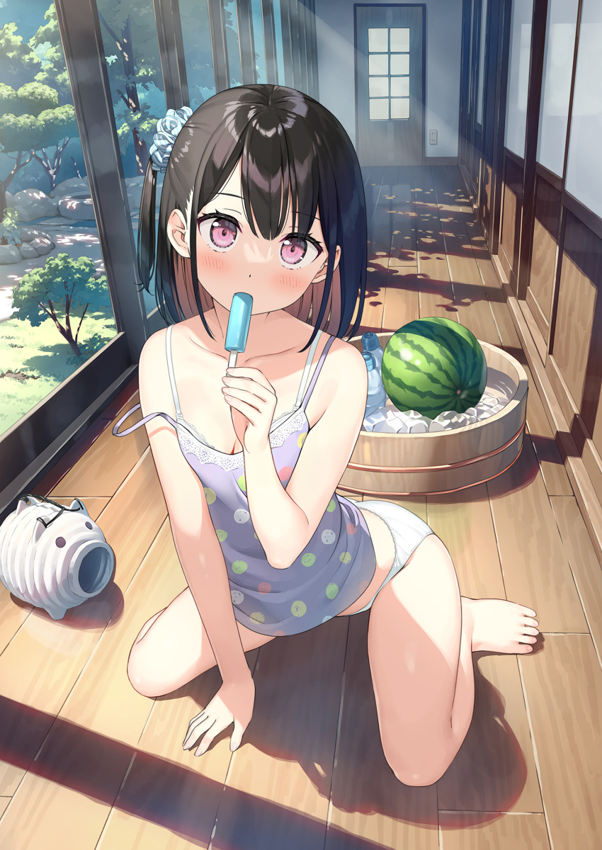 1girl arm_support bangs bare_arms bare_legs bare_shoulders black_hair blush bra bra_strap breasts building camisole cleavage collarbone dappled_sunlight day detexted door dot_nose food fruit grass hair_ornament hair_scrunchie hand_up highres holding holding_food ice kantoku looking_at_viewer midriff no_pants original panties pink_eyes popsicle scrunchie shadow shizuku_(kantoku) short_hair side_ponytail sidelocks sitting small_breasts solo strap_slip sunlight third-party_edit toes tree underwear wariza watermelon white_bra white_panties wooden_floor