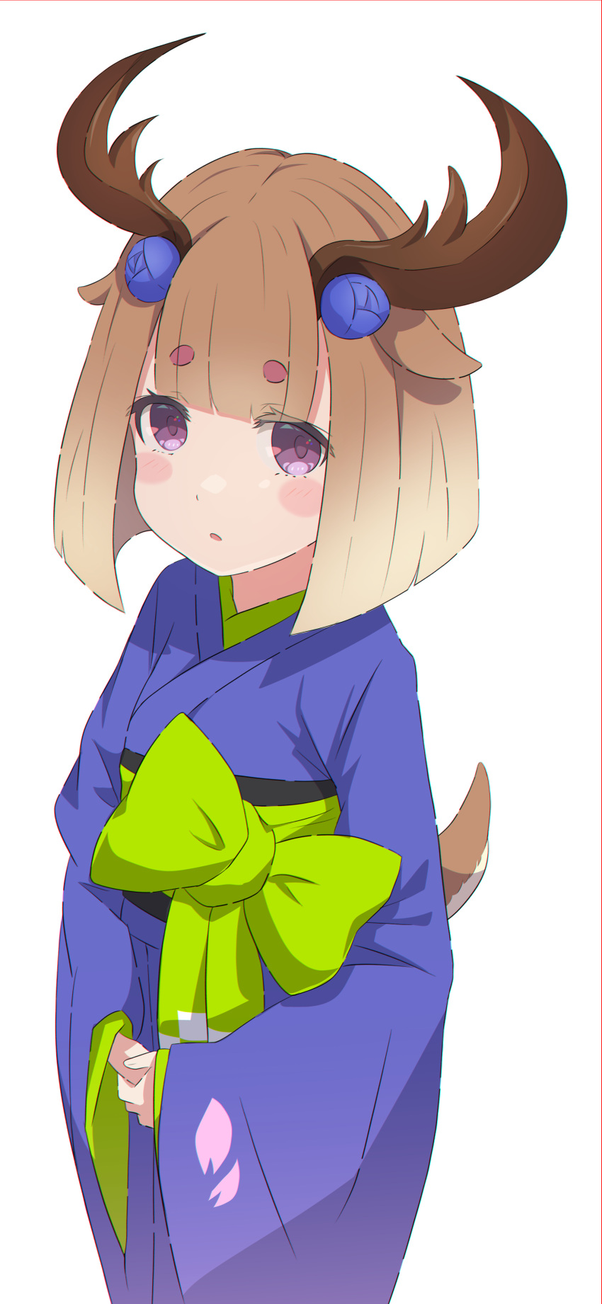 1girl absurdres animal_ears blush brown_hair camui1104 character_request deer_girl deer_tail highres horns japanese_clothes kimono long_hair long_sleeves purple_eyes re:zero_kara_hajimeru_isekai_seikatsu sash solo tail