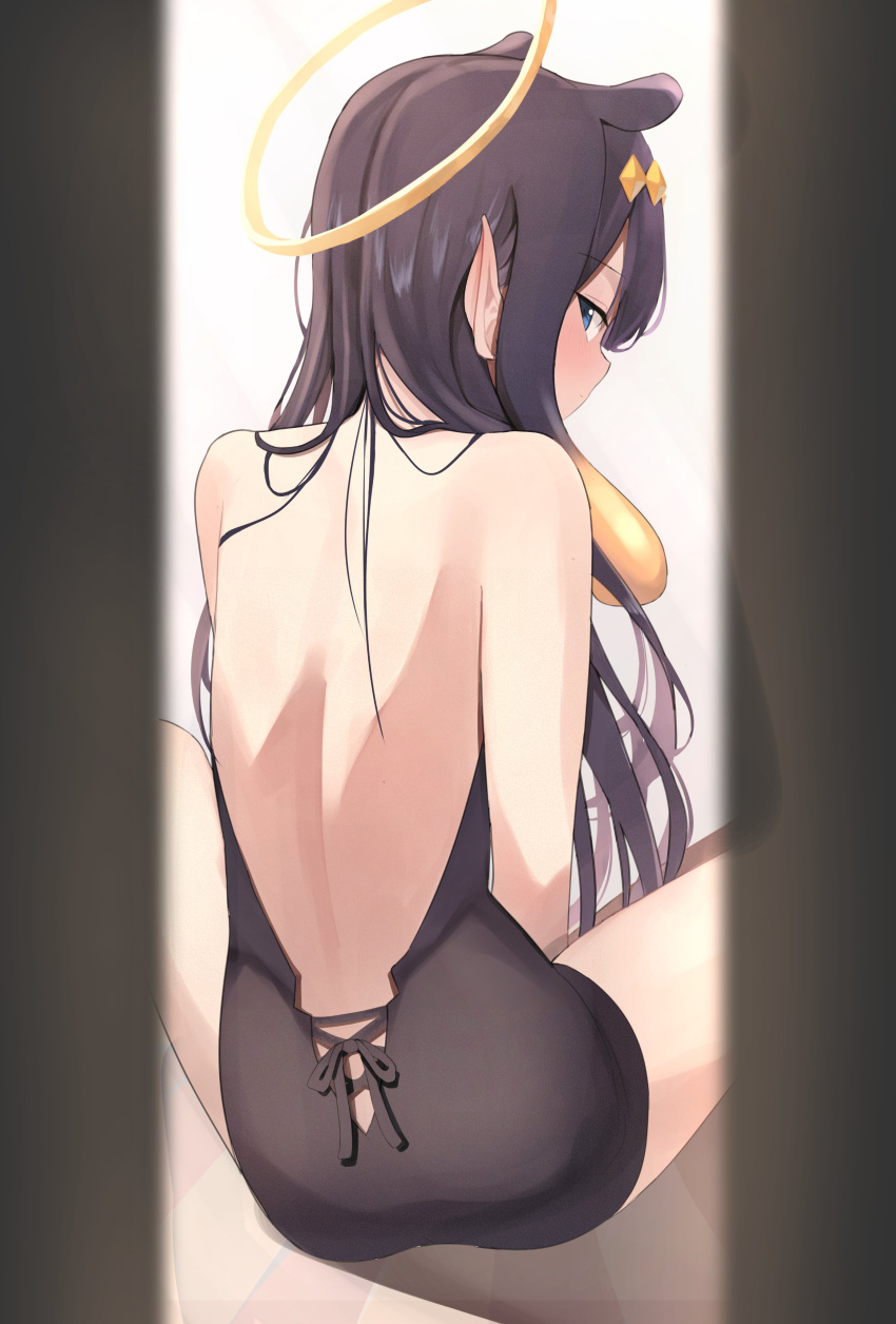 1girl absurdres animal_ears back backless_dress backless_outfit black_dress black_hair blue_eyes blush commentary dress ear_blush extra_ears feet_out_of_frame halo headpiece highres hololive hololive_english long_hair looking_at_viewer looking_back multicolored_hair ninomae_ina'nis orange_hair peeping pointy_ears pov scarlet_(wv0102) simple_background sitting solo strapless strapless_dress tentacle_hair two-tone_hair virtual_youtuber white_background