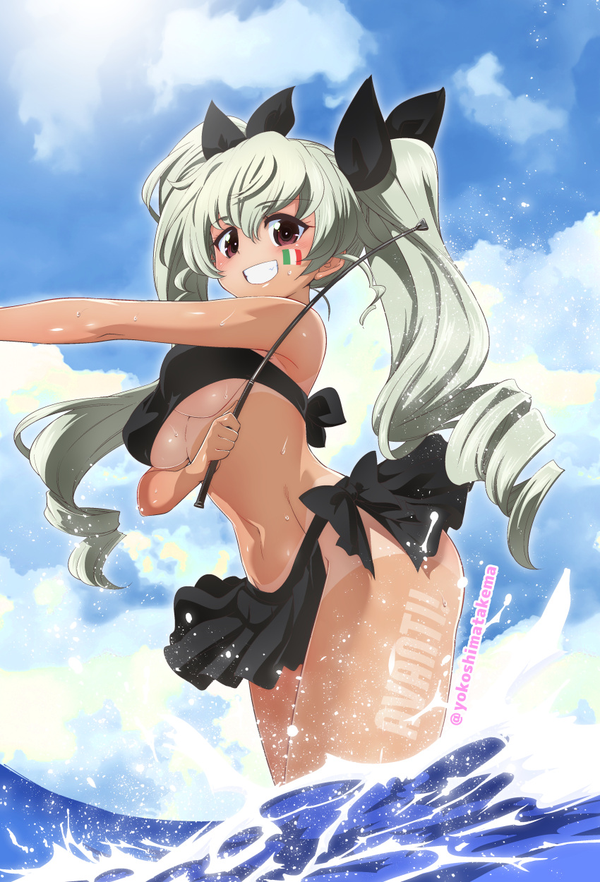 1girl absurdres anchovy_(girls_und_panzer) bikini black_bikini blush breasts brown_eyes cloud cloudy_sky drill_hair girls_und_panzer green_hair grin highres italian_flag long_hair looking_at_viewer navel partially_submerged sky smile solo sweat swimsuit tan tanlines thighs twintails underboob very_long_hair whip yokoshima_takemaru