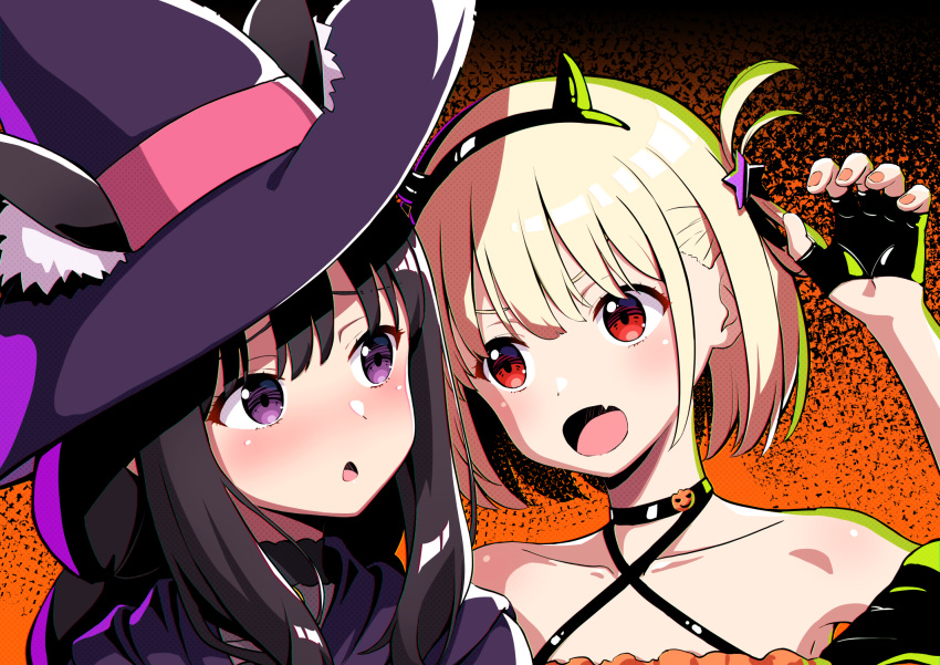 2girls animal_ear_fluff animal_ears animal_hat arm_up bare_shoulders black_choker black_gloves black_hair black_hairband blonde_hair choker collarbone criss-cross_halter fake_animal_ears fake_horns fang fingerless_gloves gloves hair_ornament hairband halterneck hat heijialan highres hood hood_down hooded_robe horns inoue_takina long_hair lycoris_recoil multiple_girls nail_polish nishikigi_chisato open_mouth orange_nails parted_lips purple_eyes purple_headwear purple_robe red_eyes robe star_(symbol) star_hair_ornament witch_hat