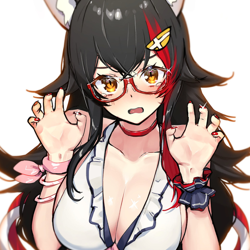 1girl animal_ear_fluff animal_ears bangs bikini black_hair blush bracelet breasts brown_eyes choker claw_pose cleavage glasses hair_ornament hairclip halterneck hands_up highres hololive jewelry large_breasts long_hair looking_at_viewer multicolored_hair nail_polish ookami_mio open_mouth oshiruko_(oshiruco_212048) red_choker red_hair red_nails simple_background solo streaked_hair swimsuit tearing_up upper_body virtual_youtuber white_background white_bikini wolf_ears wrist_cuffs