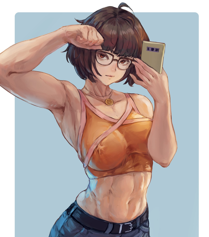 1girl abs absurdres belt brown_hair glasses highres jewelry looking_at_viewer necklace orange_eyes phone scooby-doo short_hair solo tank_top tezy8art toned velma_dace_dinkley