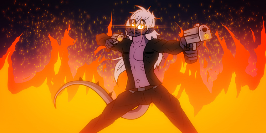 action_pose alligator alligatorid anthro athletic athletic_male bottomwear caiman clothed clothing crocodilian demon denim denim_clothing fire frank_fathih glowing glowing_eyes gun hair handgun hi_res humanoid hybrid jacket jeans kimero_kat lens_flare long_hair looking_at_viewer male pants pistol pose ranged_weapon reptile scalie snout solo spread_legs spreading topwear weapon white_hair