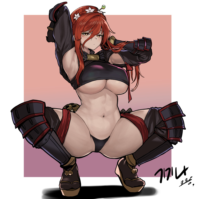 absurdres arm_guards arm_up armpits bikini bikini_bottom_only blade_&amp;_soul boots breasts chroong commentary_request crop_top crop_top_overhang full_body hair_ornament hair_stick highres korean_commentary large_breasts navel red_hair shin_guards sidelocks spread_legs swimsuit underboob