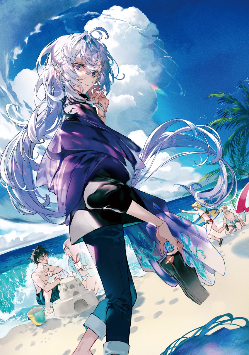 2girls 3boys absurdres ahoge bangs bare_shoulders beach bikini black_footwear black_hair black_pants black_shirt blonde_hair blue_eyes blue_jacket blue_male_swimwear blue_sky blush bow braid breasts cape closed_mouth coat coat_on_shoulders collared_shirt commentary day dress_swimsuit earrings fate/grand_order fate_(series) fujimaru_ritsuka_(male) fujimaru_ritsuka_(male)_(brilliant_summer) gawain_(fate) glasses green_eyes green_male_swimwear green_shorts hair_between_eyes hair_ornament hair_scrunchie highres holding holding_shoes holding_surfboard jacket jewelry light_smile long_hair long_sleeves looking_at_another looking_at_viewer male_swimwear mash_kyrielight mash_kyrielight_(swimsuit_of_perpetual_summer) merlin_(camelot_&amp;_co)_(fate) merlin_(fate) mordred_(fate) mordred_(swimsuit_rider)_(fate) multiple_boys multiple_girls mura_karuki ocean official_alternate_costume pants pants_rolled_up parasol pink_bow ponytail print_scarf print_shorts print_swimsuit purple_eyes purple_hair purple_scarf rainbow_bikini red_bikini red_swimsuit river sand sand_castle sand_sculpture scarf scrunchie shirt shoes shoes_removed shore short_hair shorts side-tie_bikini sky skyline small_breasts smile squatting sunlight surfboard swim_trunks swimsuit umbrella very_long_hair water white_bikini white_cape white_hair white_swimsuit