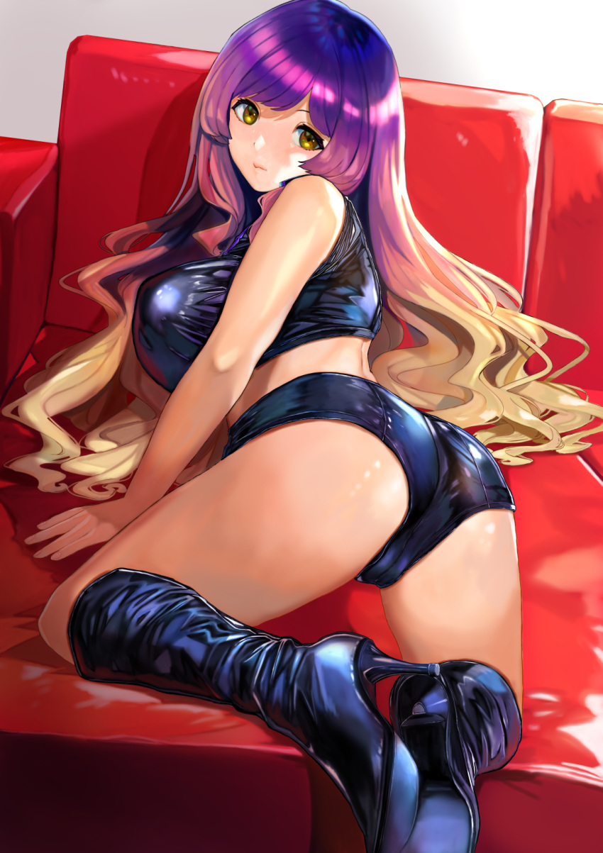 1girl ass banned_artist blonde_hair boots breasts couch from_behind gradient_hair high_heel_boots high_heels highres hijiri_byakuren knee_boots large_breasts long_hair looking_back multicolored_hair poko_(mammypoko) purple_hair shorts solo touhou yellow_eyes