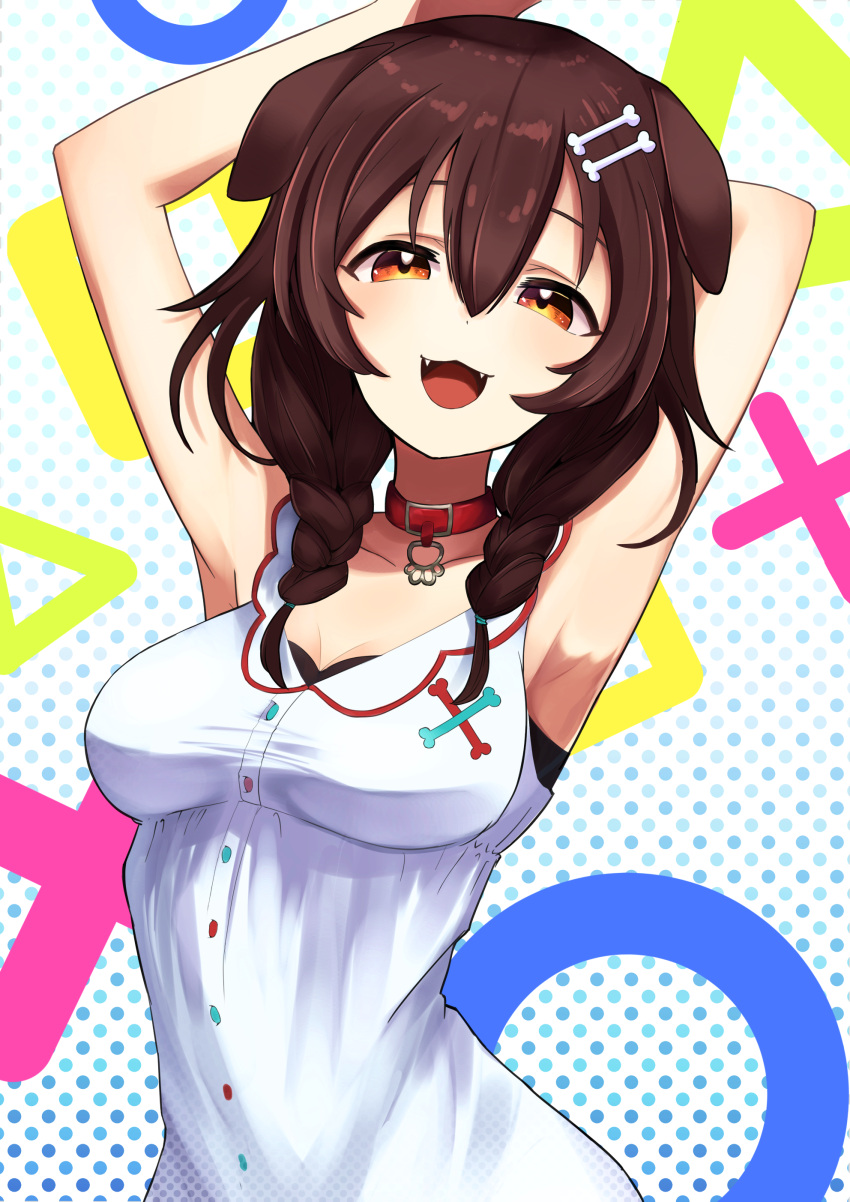 1girl absurdres animal_ear_fluff animal_ears armpits arms_behind_head arms_up bone_hair_ornament bone_print breasts brown_hair chiba_mochi circle cleavage collar collarbone dog_ears dog_girl dress fang fangs hair_between_eyes hair_ornament highres hololive inugami_korone long_hair medium_breasts open_mouth orange_eyes polka_dot polka_dot_background red_collar solo square tongue triangle virtual_youtuber white_dress