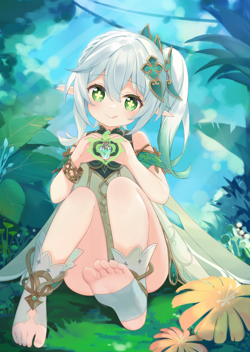 1girl :q absurdres bangs bare_shoulders closed_mouth commentary_request cross-shaped_pupils day dress flower fufumi genshin_impact gradient_hair green_eyes green_skirt grey_hair hair_between_eyes hands_up head_tilt heart heart_hands highres long_hair multicolored_hair nahida_(genshin_impact) outdoors pointy_ears shoe_soles side_ponytail sitting skirt sleeveless sleeveless_dress smile socks soles solo stirrup_legwear toeless_legwear tongue tongue_out white_dress white_socks yellow_flower