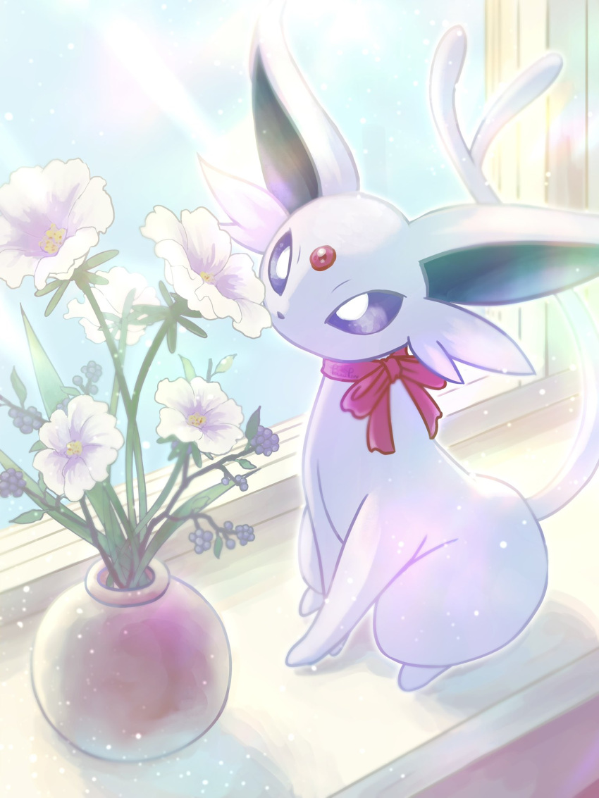 bright_pupils commentary_request espeon flower flower_pot forked_tail highres neck_ribbon no_humans pokemon pokemon_(creature) ponkotsu_tanupon purple_eyes ribbon sitting solo tail white_flower windowsill