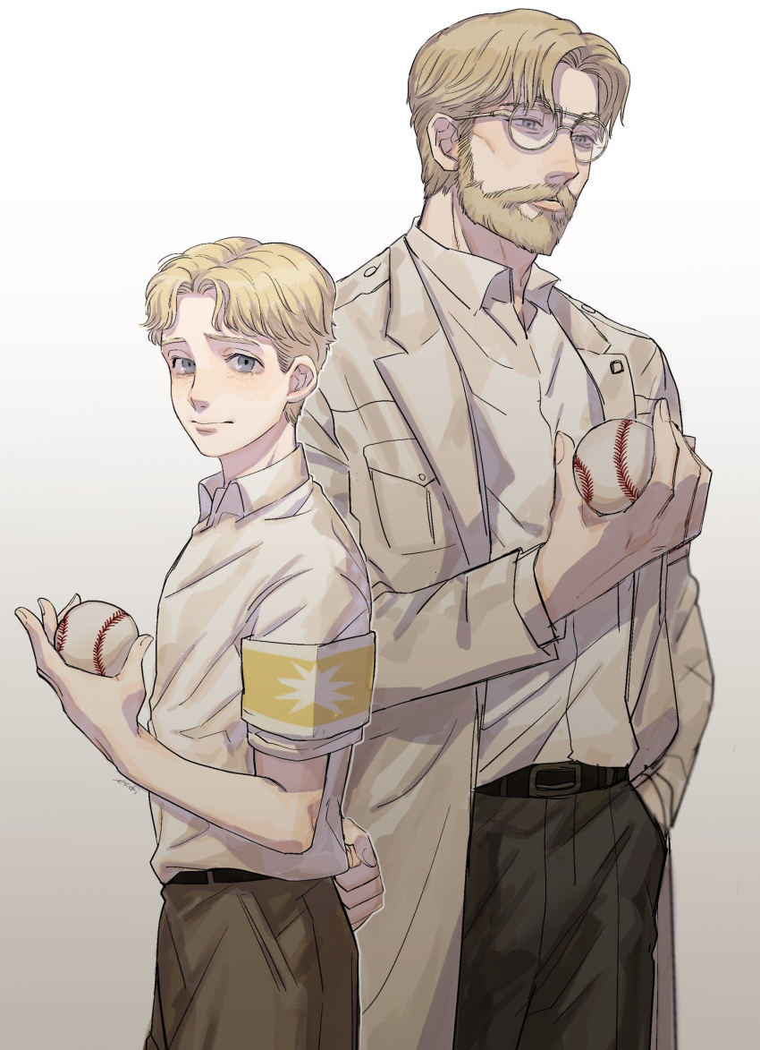 2boys arm_behind_back baseball beard belt blonde_hair blue_eyes dual_persona facial_hair glasses hand_in_pocket highres labcoat ma2_ereki male_focus multiple_boys shingeki_no_kyojin smile younger zeke_yeager