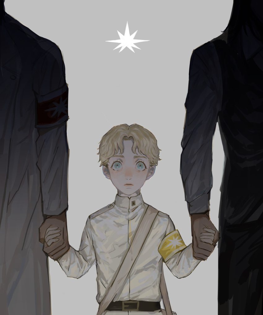 3boys absurdres armband blonde_hair blue_eyes character_request highres holding_hands ma2_ereki male_child male_focus military military_uniform multiple_boys shingeki_no_kyojin uniform younger zeke_yeager