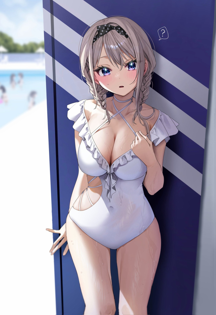 5girls ? blue_eyes blush breasts chigusa_minori cleavage collarbone commentary_request covered_navel frills grey_hair hair_ornament highres large_breasts long_hair looking_at_viewer multiple_girls one-piece_swimsuit original outdoors parted_lips pool saotome_shino_(chigusa_minori) solo solo_focus swimsuit thighs wet white_swimsuit