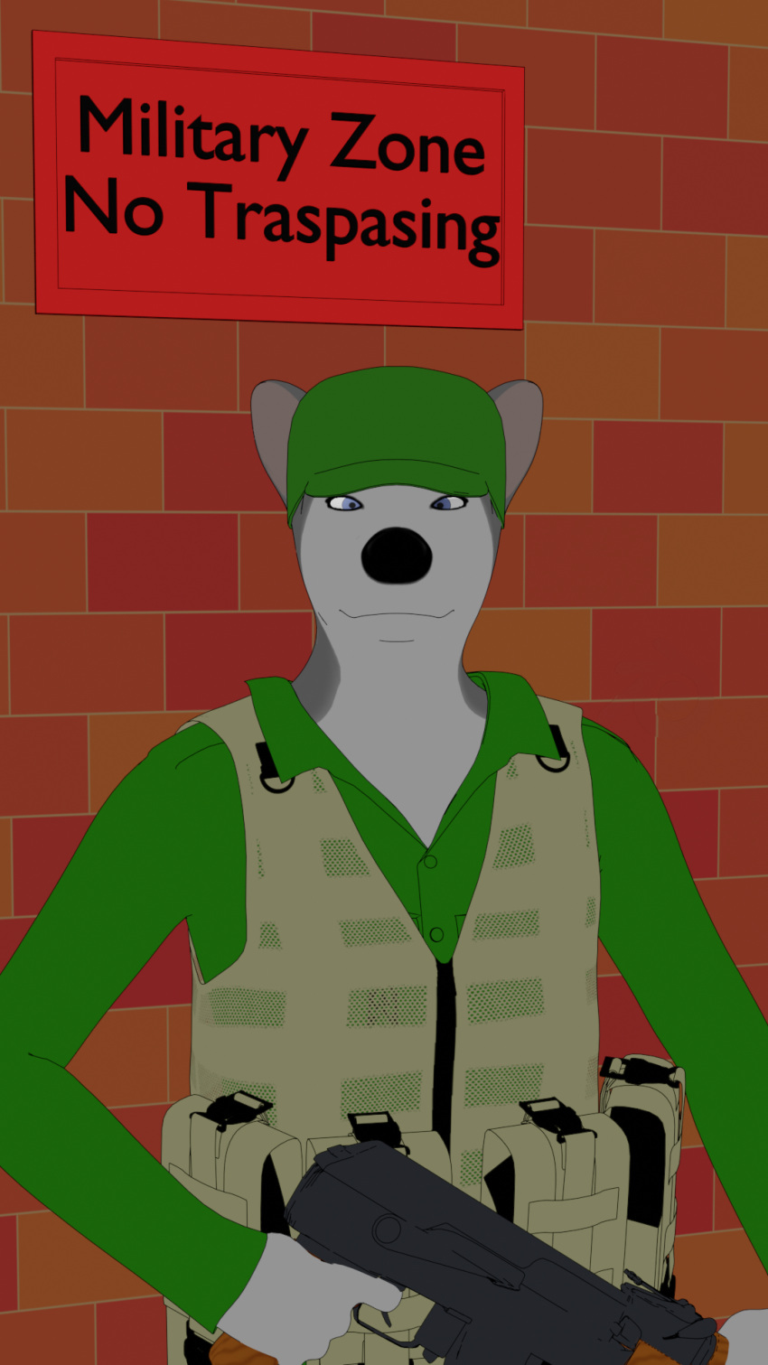 akm ambiguous_gender anthro blender_(software) canid canine clothing fake_2d flat_colors guard hi_res jaldmic makehuman mammal military_uniform uniform