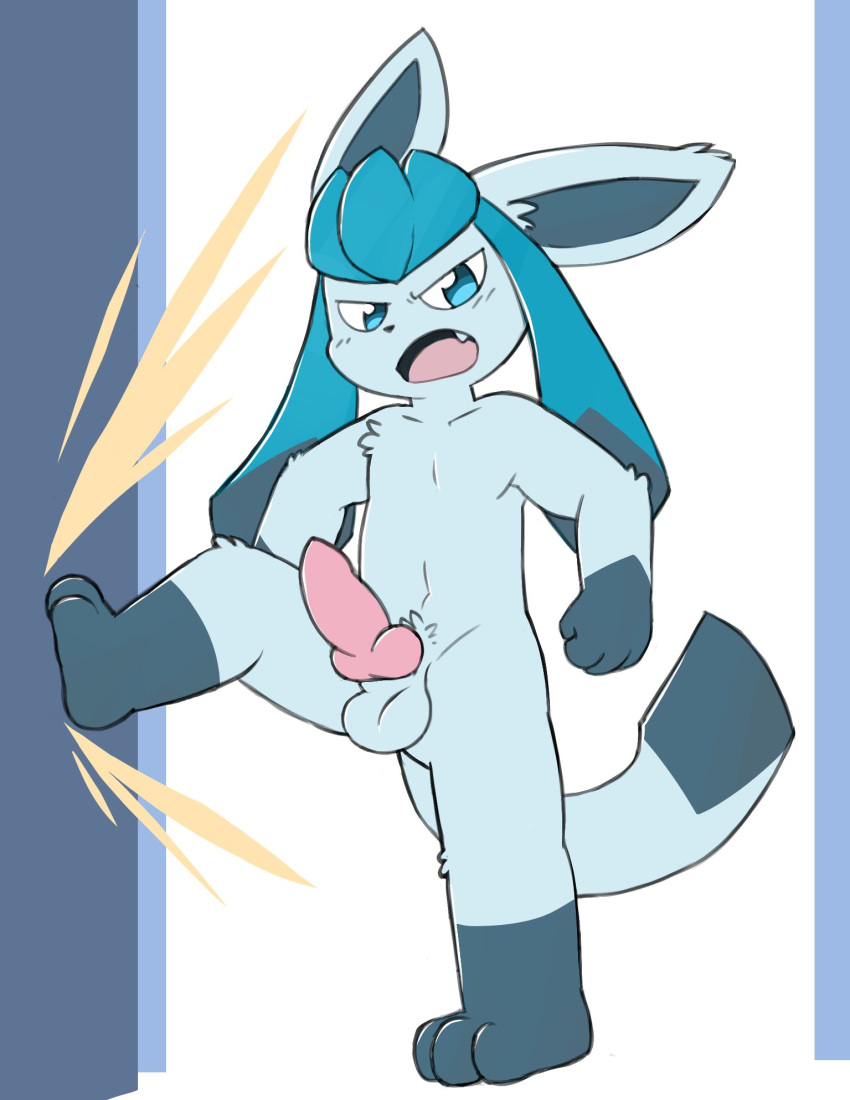 2022 3_toes 4_fingers anthro balls black_nose blue_body blue_bottomwear blue_clothing blue_eyes blue_fur blue_inner_ear blue_shorts blush blush_lines bottomwear bulge clothing cute_fangs digital_drawing_(artwork) digital_media_(artwork) dipstick_tail eeveelution eye_glint feet fingers fur generation_4_pokemon genitals glaceon gloves_(marking) hi_res kick knot leg_markings looking_at_viewer male markings narrowed_eyes navel nintendo oob open_mouth penis pok&eacute;mon pok&eacute;mon_(species) shorts shorts_only socks_(marking) solo standing tail_markings toes triangle_nose video_games