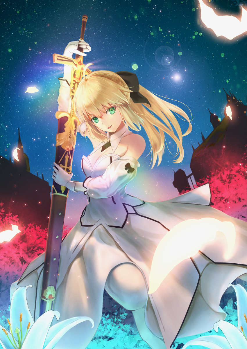1girl :d absurdres aomaru_(shta-chu-jisuiai) artoria_pendragon_(fate) bangs black_bow blonde_hair bow breasts cleavage detached_collar detached_sleeves dress fate/unlimited_codes fate_(series) floating_hair flower gloves green_eyes hair_between_eyes hair_bow highres holding holding_sheath holding_sword holding_weapon lens_flare long_dress long_hair long_sleeves looking_at_viewer medium_breasts open_mouth pantyhose ponytail saber_lily sheath sky smile solo standing standing_on_one_leg star_(sky) starry_sky strapless strapless_dress sword unsheathing weapon white_dress white_flower white_gloves white_pantyhose white_sleeves