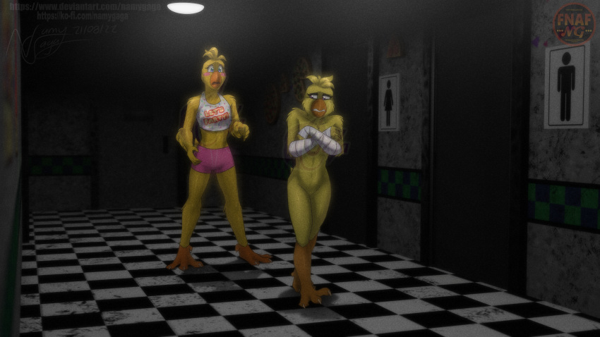 absurd_res anthro avian bird chica_(fnaf) chicken duo female female/female five_nights_at_freddy's five_nights_at_freddy's_2 galliform gallus_(genus) hi_res namygaga phasianid sad scottgames ship teenager toy_chica_(fnaf) vehicle video_games watercraft young