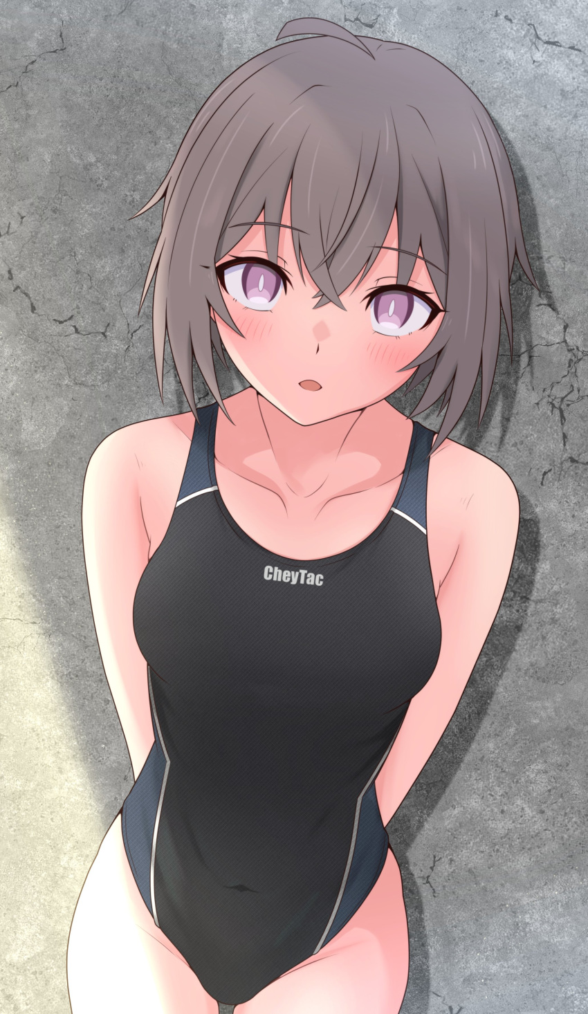 1girl absurdres arms_behind_back black_swimsuit breasts commentary_request competition_swimsuit cowboy_shot from_above girls'_frontline gotoo grey_hair highres looking_at_viewer m200_(girls'_frontline) medium_breasts one-piece_swimsuit purple_eyes short_hair solo swimsuit