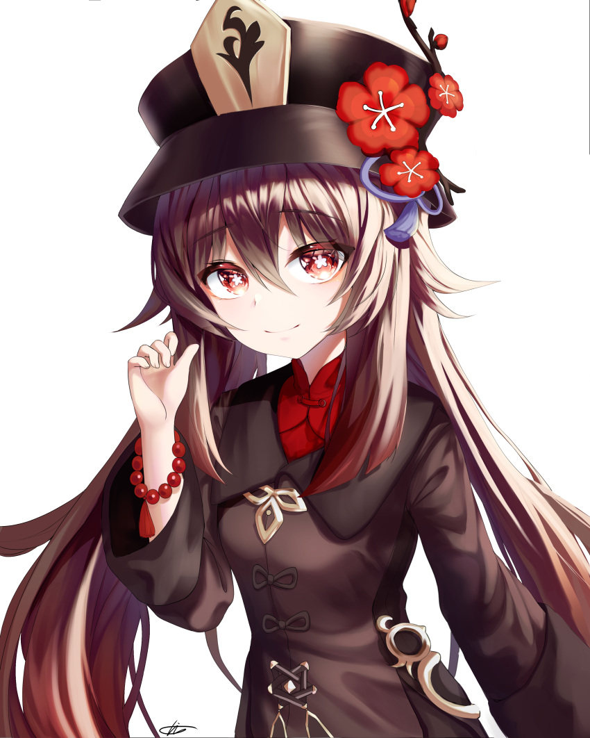 1girl 1yu_x absurdres bangs black_headwear bracelet brown_hair brown_jacket closed_mouth floating_hair flower flower-shaped_pupils genshin_impact hair_between_eyes hat hat_flower highres hu_tao_(genshin_impact) jacket jewelry long_hair long_sleeves looking_at_viewer red_eyes red_flower red_shirt shirt signature smile solo symbol-shaped_pupils twintails very_long_hair white_background