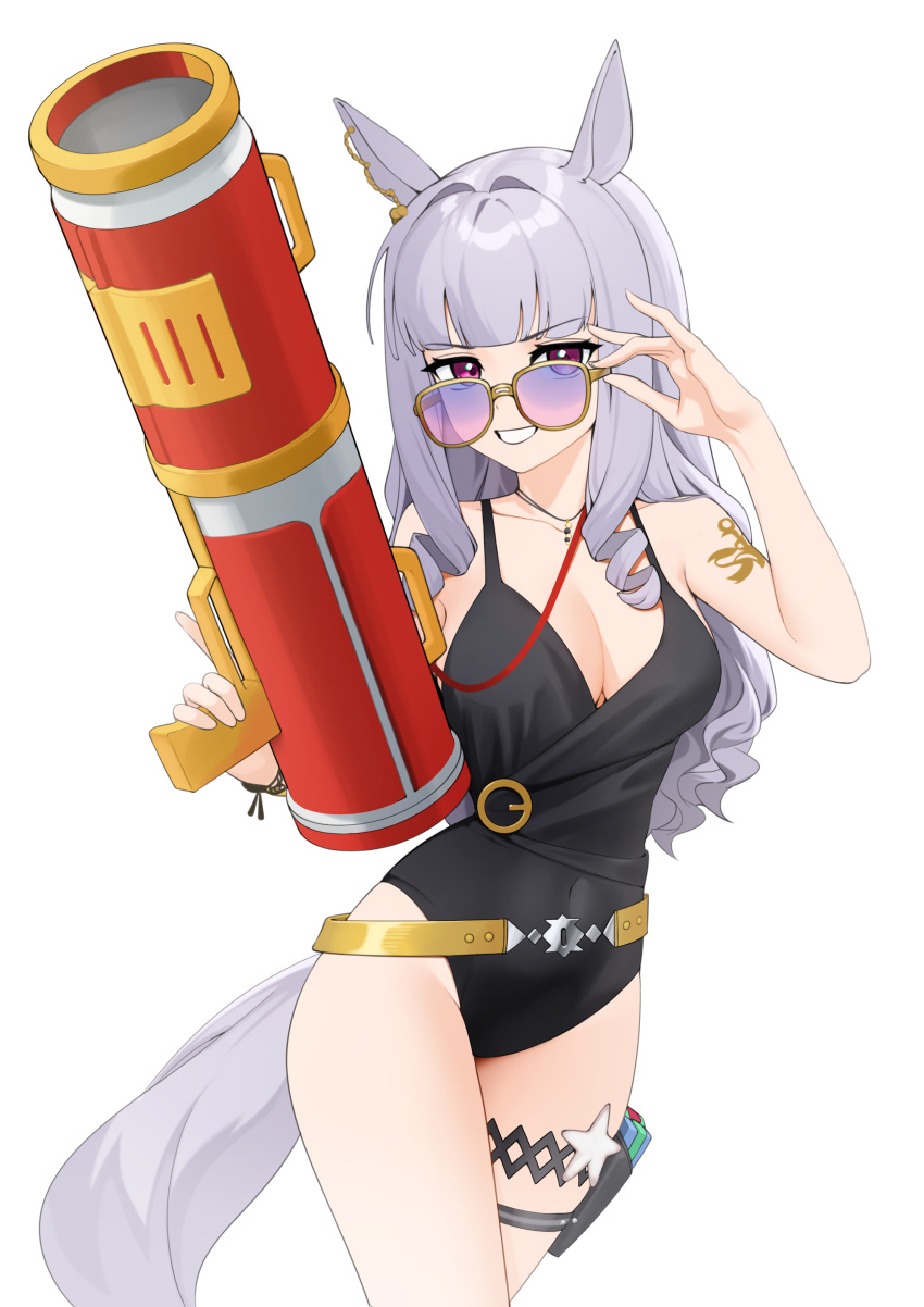 1girl absurdres adjusting_eyewear animal_ears bangs belt black_swimsuit blunt_bangs commentary_request cowboy_shot drill_locks ett gold_ship_(umamusume) grey_hair grin hair_intakes highres holding holding_water_gun horse_ears korean_commentary long_hair looking_at_viewer one-piece_swimsuit red_eyes simple_background smile solo standing sunglasses swimsuit thigh_strap thighs trigger_discipline umamusume v-shaped_eyebrows very_long_hair water_gun white_background