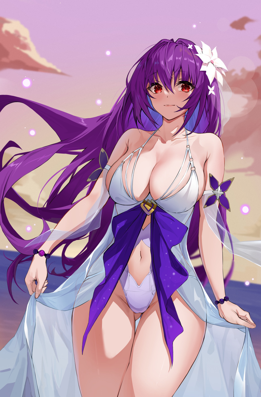 1girl absurdres ass_visible_through_thighs bangs bead_bracelet beads bracelet breasts closed_mouth dress fate/grand_order fate_(series) flower groin hair_between_eyes hair_flower hair_ornament highres jewelry large_breasts long_hair navel paradox_(parapa) purple_hair red_eyes scathach_(fate) scathach_skadi_(fate) scathach_skadi_(swimsuit_ruler)_(fate) skirt_hold solo sunset swimsuit thighs very_long_hair white_dress white_flower white_swimsuit