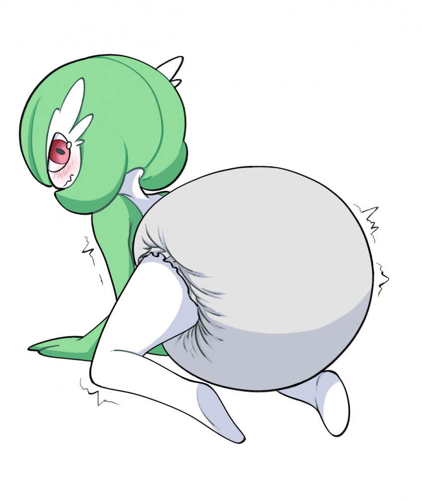 all_fours bent_over blush diaper female gardevoir generation_3_pokemon green_hair hair hi_res humanoid looking_at_viewer looking_back nintendo octojo pok&eacute;mon pok&eacute;mon_(species) red_eyes simple_background solo video_games white_diaper