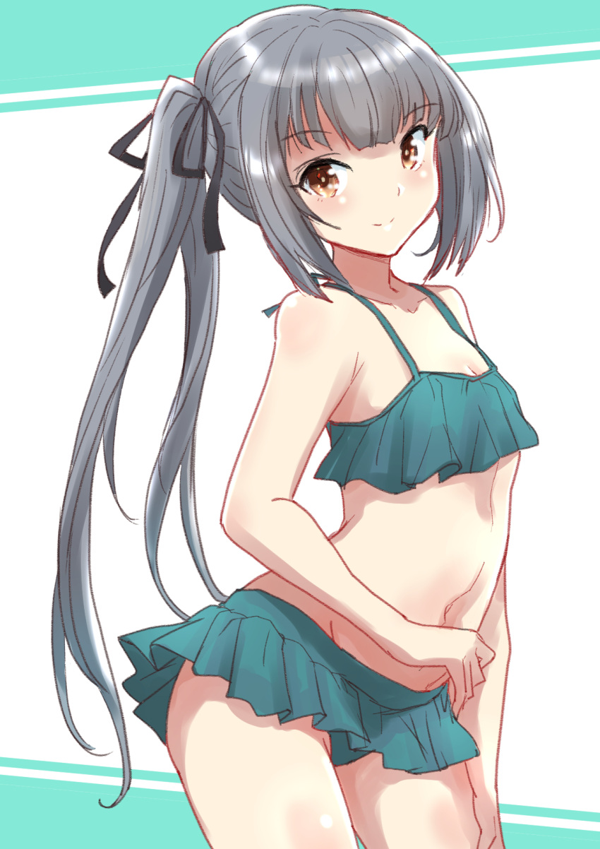 1girl bikini bikini_skirt breasts brown_eyes commentary_request cowboy_shot fuji_(pixiv24804665) green_bikini grey_hair highres kantai_collection kasumi_(kancolle) long_hair looking_at_viewer official_alternate_costume side_ponytail small_breasts smile solo standing swimsuit