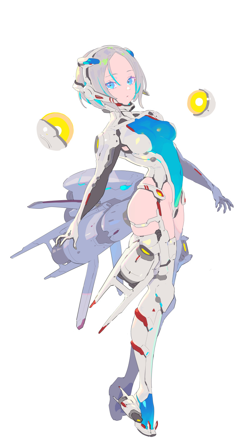 1girl absurdres armor blue_eyes blue_leotard bob_cut boots breasts closed_mouth covered_navel enkyo_yuuichirou full_body grey_hair hairband highleg highleg_leotard highres jet_engine leotard looking_at_viewer mecha_musume medium_breasts medium_hair r-type ragnarok_(r-type) simple_background solo standing thigh_boots white_background