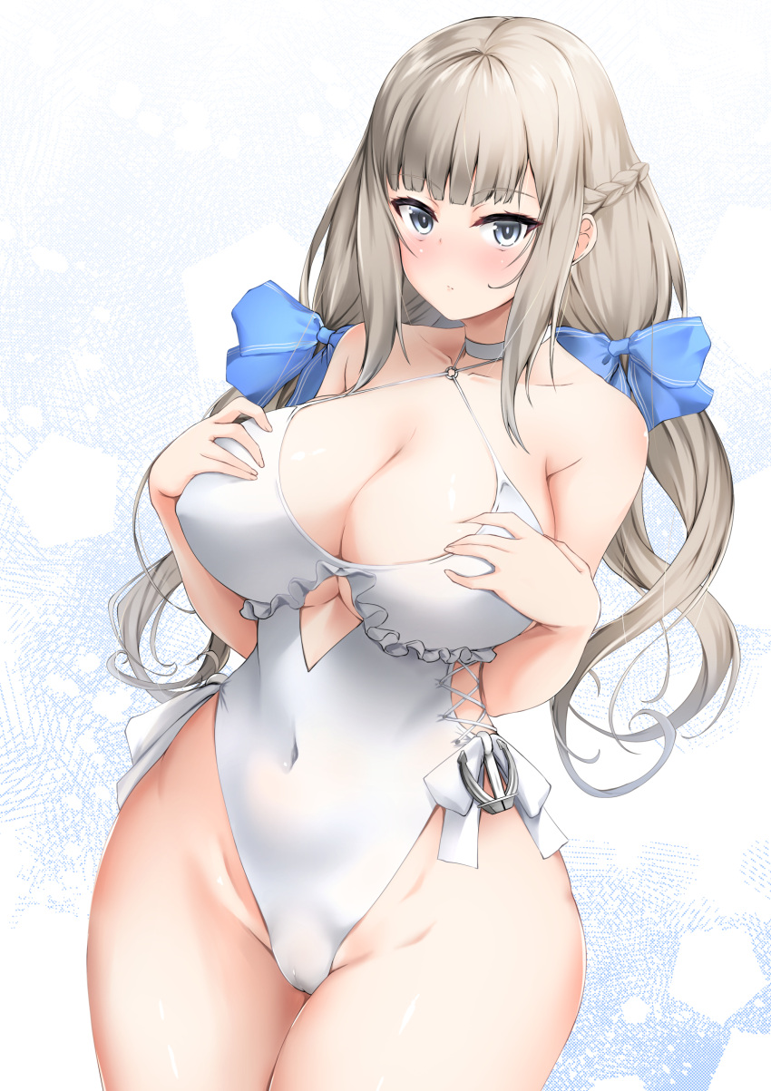 1girl anchor_ornament blue_bow blue_eyes bow braid breasts casual_one-piece_swimsuit choker collarbone cosplay covered_navel curvy french_braid hair_bow highleg highleg_swimsuit highres huge_breasts kantai_collection kuon_(break_through) light_brown_hair long_hair low_twintails maryland_(kancolle) one-piece_swimsuit sagiri_(kancolle) sagiri_(kancolle)_(cosplay) shawl side-tie_swimsuit solo swimsuit thick_thighs thighs twintails white_choker white_shawl white_swimsuit