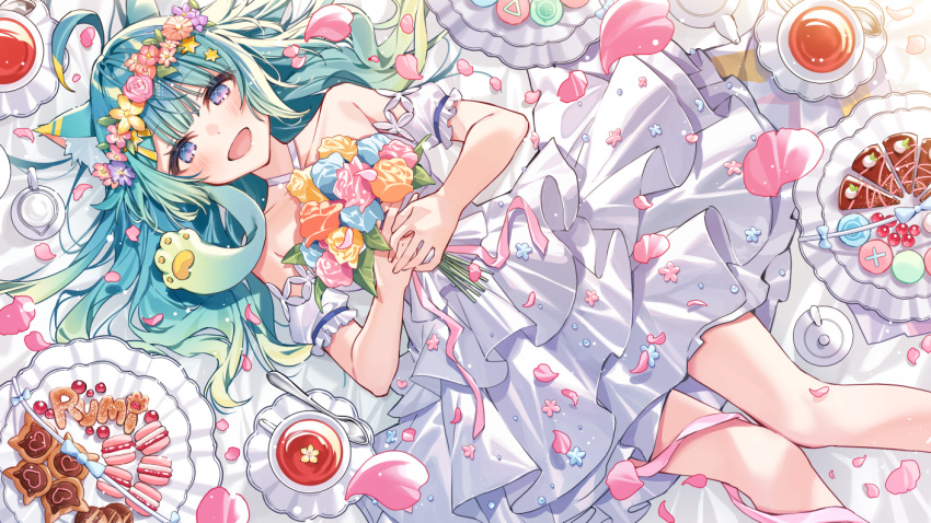 1girl :d ahoge animal_ear_fluff animal_ears bangs bare_shoulders blue_flower blue_rose blush bouquet cat_ears collarbone commentary_request cookie cup detached_sleeves dress dutch_angle feet_out_of_frame flower food green_hair hanagata holding holding_bouquet lanmewko long_hair looking_at_viewer lying meridian_project on_back pink_flower pink_rose plate puffy_short_sleeves puffy_sleeves purple_eyes rose saucer short_sleeves smile solo tea teacup virtual_youtuber white_dress white_sleeves yellow_flower yellow_rose