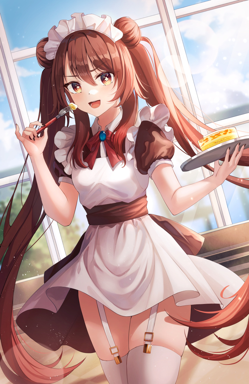 1girl absurdres bangs black_nails brown_hair cake cake_slice food fork frills garter_straps genshin_impact highres hu_tao_(genshin_impact) long_hair looking_at_viewer maid maid_headdress ponytail silverrain_72 smile solo symbol-shaped_pupils thighhighs thighs twintails very_long_hair zettai_ryouiki