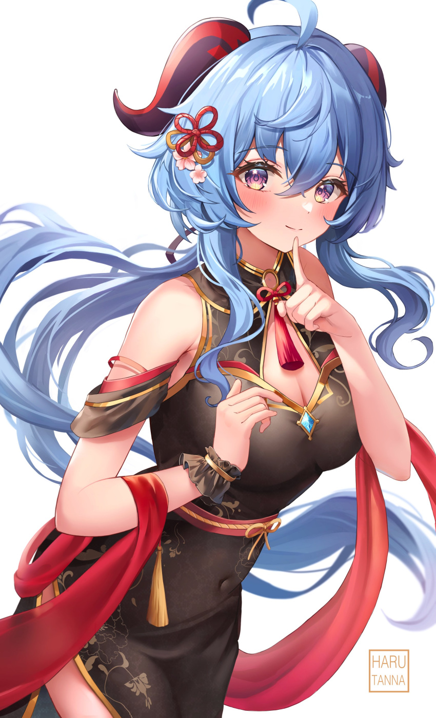 1girl absurdres ahoge alternate_costume artist_logo blue_hair blush breasts chinese_clothes cleavage closed_mouth clothing_cutout covered_navel finger_to_mouth flower flower_knot ganyu_(genshin_impact) genshin_impact goat_horns gold_trim gradient_hair hair_flower hair_ornament harukix highres horns index_finger_raised medium_breasts multicolored_eyes multicolored_hair purple_eyes red_ribbon ribbon side_slit smile solo tassel vision_(genshin_impact) wrist_cuffs