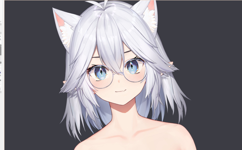 1girl animal_ears antenna_hair blue_eyes cat_ears closed_mouth commentary completely_nude diamond-shaped_pupils diamond_(shape) english_commentary fang glasses grey_hair highres looking_at_viewer medium_hair neonbeat nude pointy_ears round_eyewear skin_fang smile solo symbol-shaped_pupils vei_(vtuber) virtual_youtuber vshojo