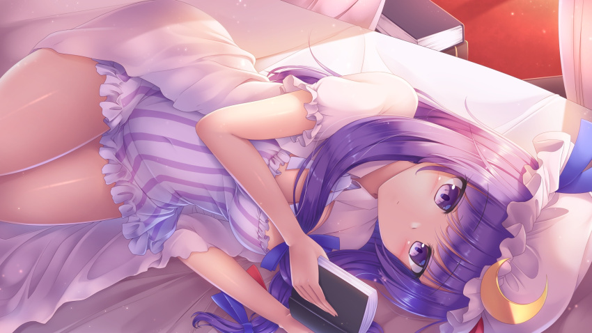 1girl blue_bow book bow breasts crescent crescent_hat_ornament dress hat hat_ornament highres holding holding_book long_hair looking_at_viewer lying lzh mob_cap on_side patchouli_knowledge purple_eyes purple_hair solo striped striped_dress thighs touhou vertical_stripes