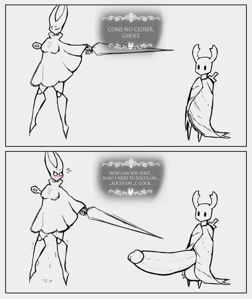 2021 anthro arthropod balls big_balls big_penis blush bodily_fluids breasts clothing comic dialogue dripping duo erection fecharis female genital_fluids genitals glans hi_res holding_object holding_weapon hollow_knight hornet_(hollow_knight) huge_balls huge_penis hyper hyper_balls hyper_genitalia hyper_penis insect larger_female male medium_breasts motion_lines nipple_outline penis piekiller protagonist_(hollow_knight) pussy_juice pussy_juice_drip robe shocked simple_background size_difference smaller_male surprise team_cherry text video_games weapon