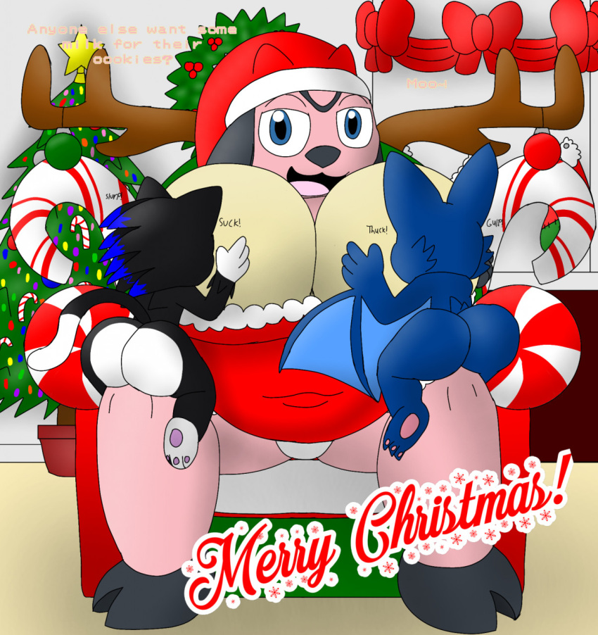 anthro antlers belly big_belly big_breasts big_butt bow_ribbon breastfeeding breasts butt calsie_the_miltank candy candy_cane chair chimney chiropteran christmas christmas_clothing christmas_headwear christmas_lights christmas_tree clothing costume dessert dialogue domestic_cat eulipotyphlan felid feline felis female fireplace food furniture generation_2_pokemon group hat headgear headwear hedgehog hi_res hiroki_(shiningspyro98) holidays hooves horn huge_breasts hybrid legwear male male/female mammal miltank moguri_the_hedgecat monterrioashmore nintendo on_chair open_mouth ornament ornaments overweight overweight_female panties peppermint_(candy) plant pok&eacute;mon pok&eacute;mon_(species) ribbons santa_costume santa_hat sitting sitting_on_chair stockings tree trio underwear video_games white_tipped_tail wreath