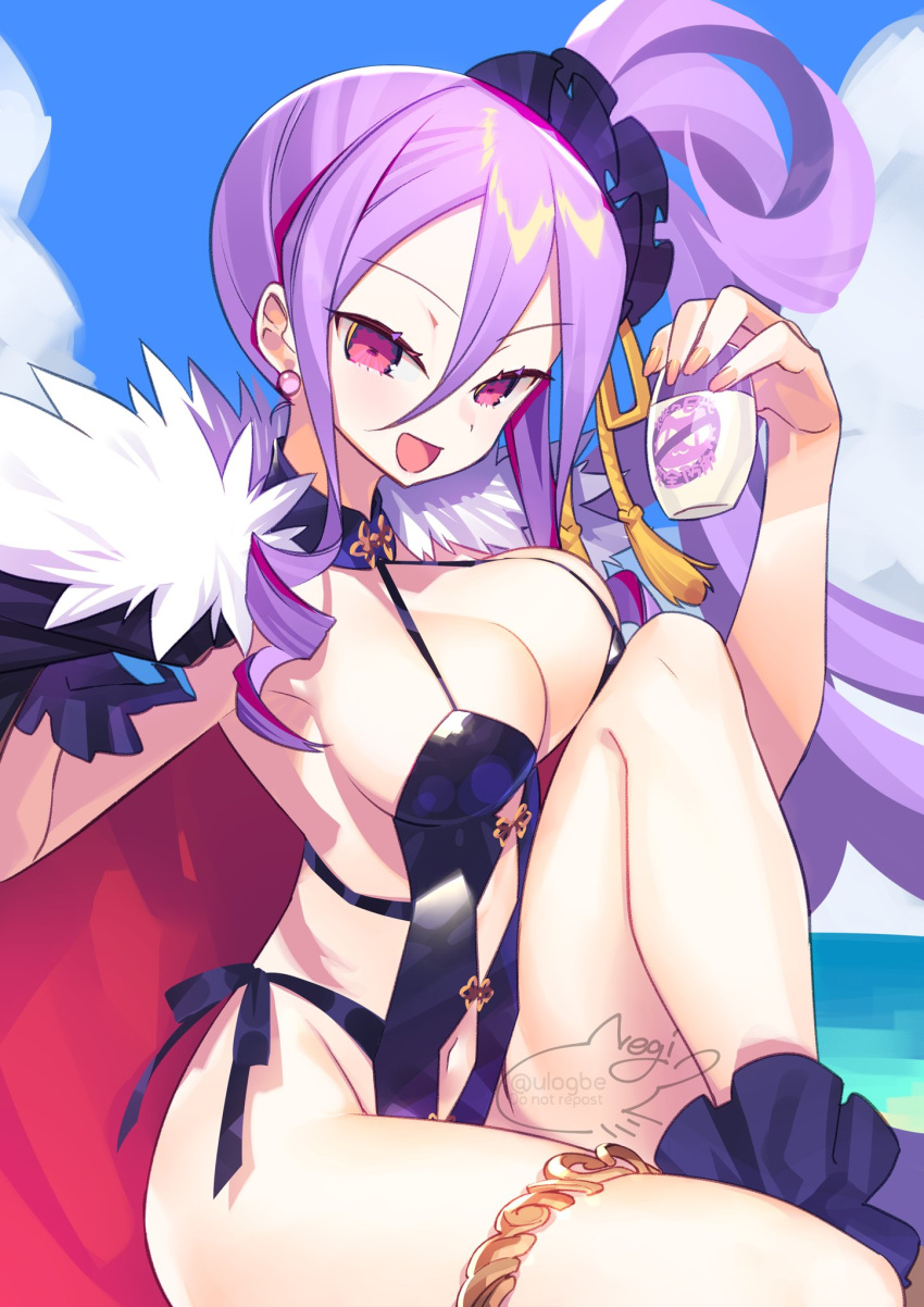1girl bangs beach black_cape black_swimsuit blue_sky breasts cape cleavage earrings fate/grand_order fate_(series) fur-trimmed_cape fur_trim hair_between_eyes hair_ornament hair_scrunchie highleg highleg_swimsuit highres jewelry knee_up large_breasts long_hair looking_at_viewer lotion_bottle navel negi_(ulog'be) one-piece_swimsuit open_mouth purple_eyes purple_hair scrunchie side_ponytail sidelocks sitting sky smile solo swimsuit thighlet thighs very_long_hair wrist_scrunchie wu_zetian_(fate) wu_zetian_(swimsuit_caster)_(fate)