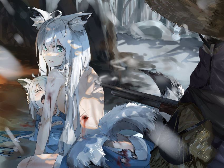2girls animal_ear_fluff animal_ears arm_behind_head bangs blood braid closed_eyes commentary_request crying fox_ears fox_girl fox_tail funi_mu9 green_eyes gun hair_between_eyes hat highres holding holding_gun holding_weapon hololive long_hair looking_at_viewer looking_back multiple_girls multiple_persona rifle scar scar_on_face shirakami_fubuki sidelocks single_braid straw_hat tail topless virtual_youtuber weapon white_hair younger